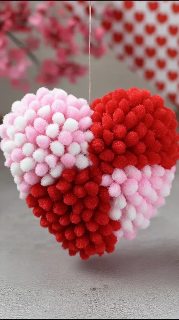 pom pom red, pink, white pom pom dimensional heart ornament 