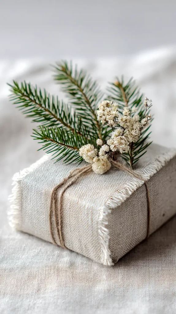 present wrapped in a piece of linen and evergreen 