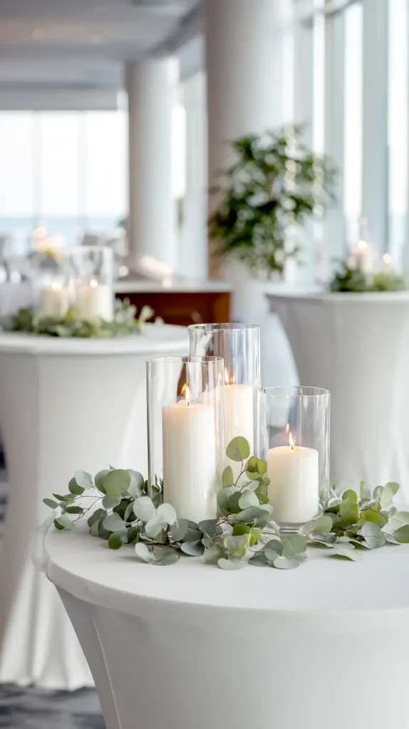 bar tables with white candles and eucalyptus 