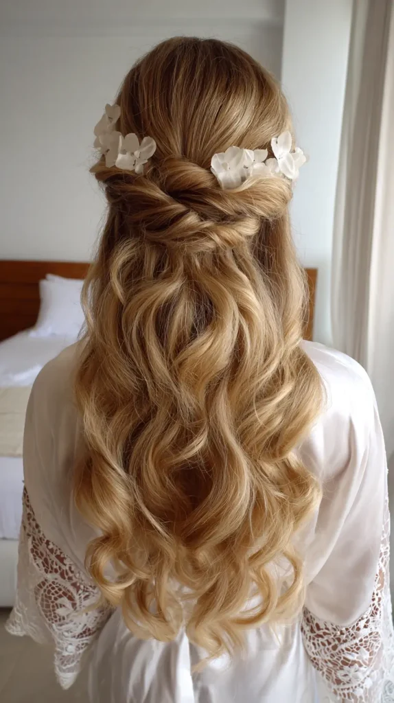 wedding hairstyles, long curls, white accessories