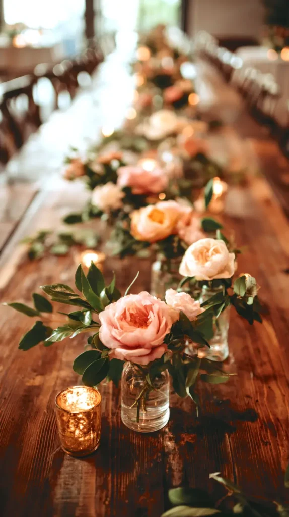 bud vases wedding centerpiece, dark wooden table