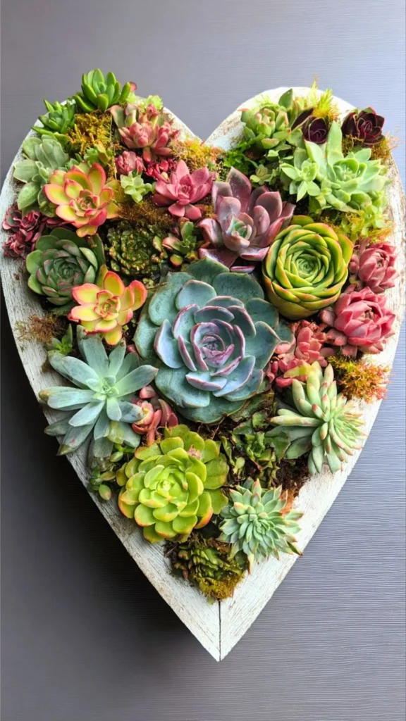 open wooden heart box with succulents inside