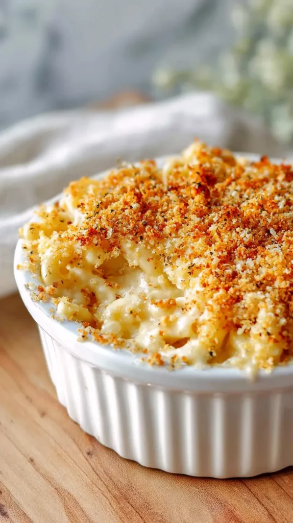 homemade mac and cheese recipe in a white ramekin