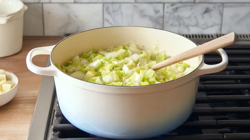 leeks cooking on the stove burner in pot, with wooden spoon