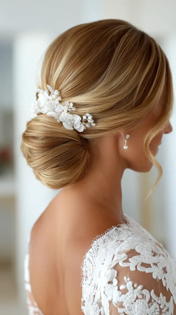 wedding hairstyles, low bun, white floral clip