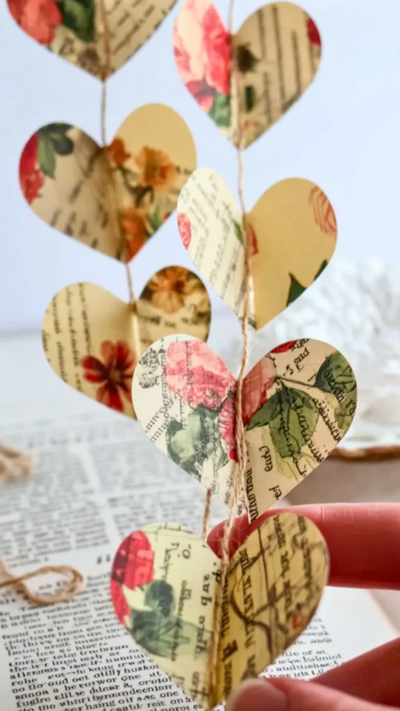 heart-shaped garland from paper from books