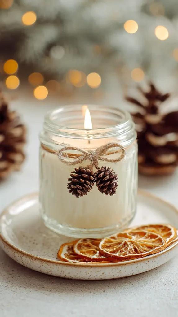 jars turned into a candle with twine and pinecones