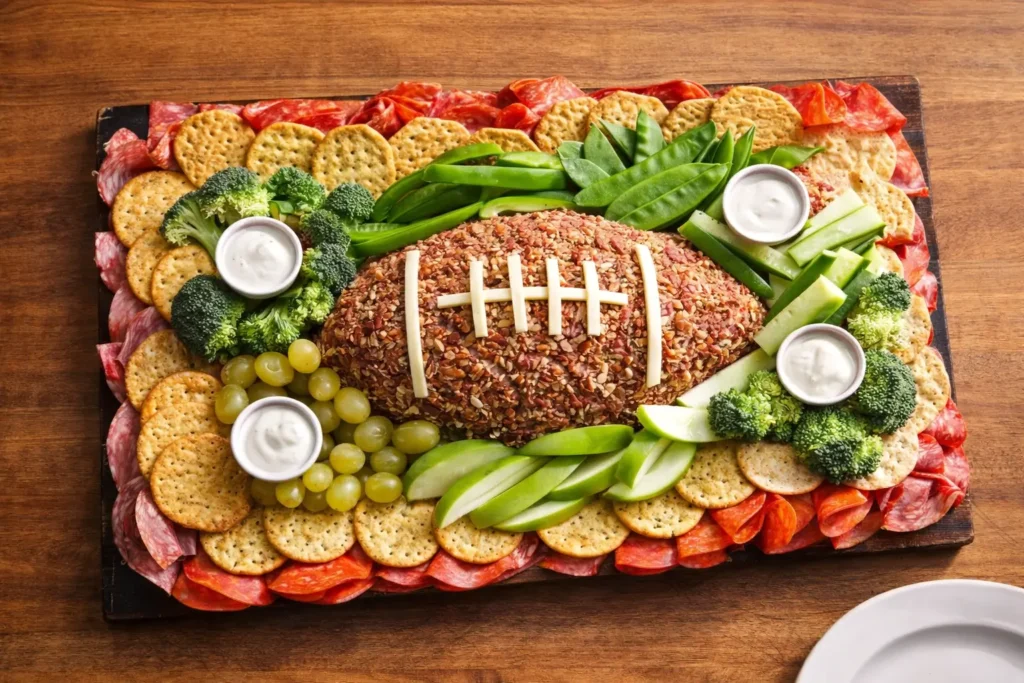 football shaped cheeseball, food platter