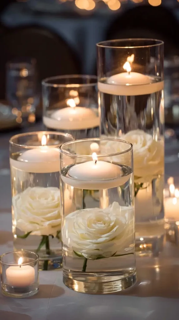 white floating candles and white roses