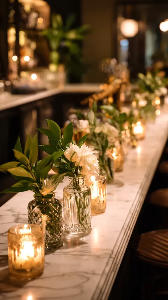 bud vases wedding centerpiece, styled on a bar