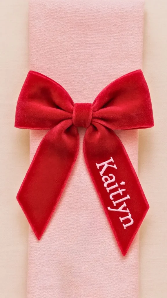 red bow embroidered with name, napkin holder
