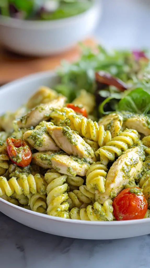 chicken pesto pasta with salad