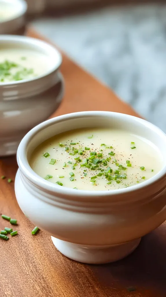 potato leek soup, in white bowl