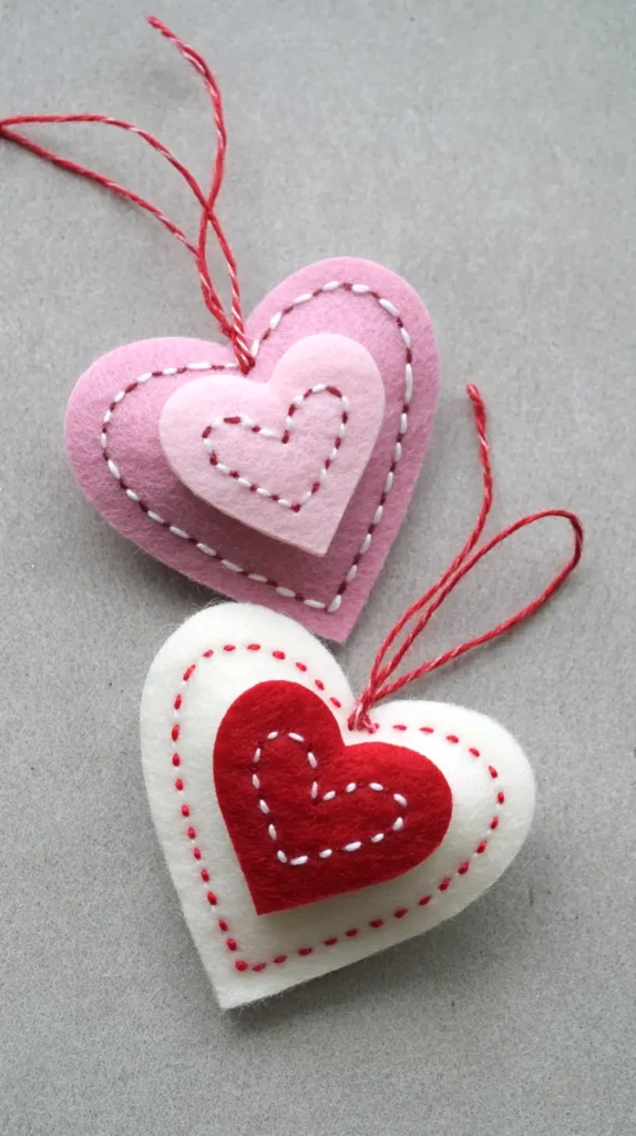 heart crafts, felt stitched ornaments