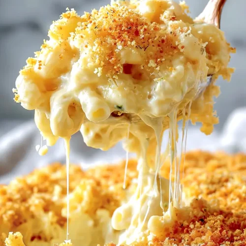 homemade mac and cheese recipe, serving scooped with a spoon
