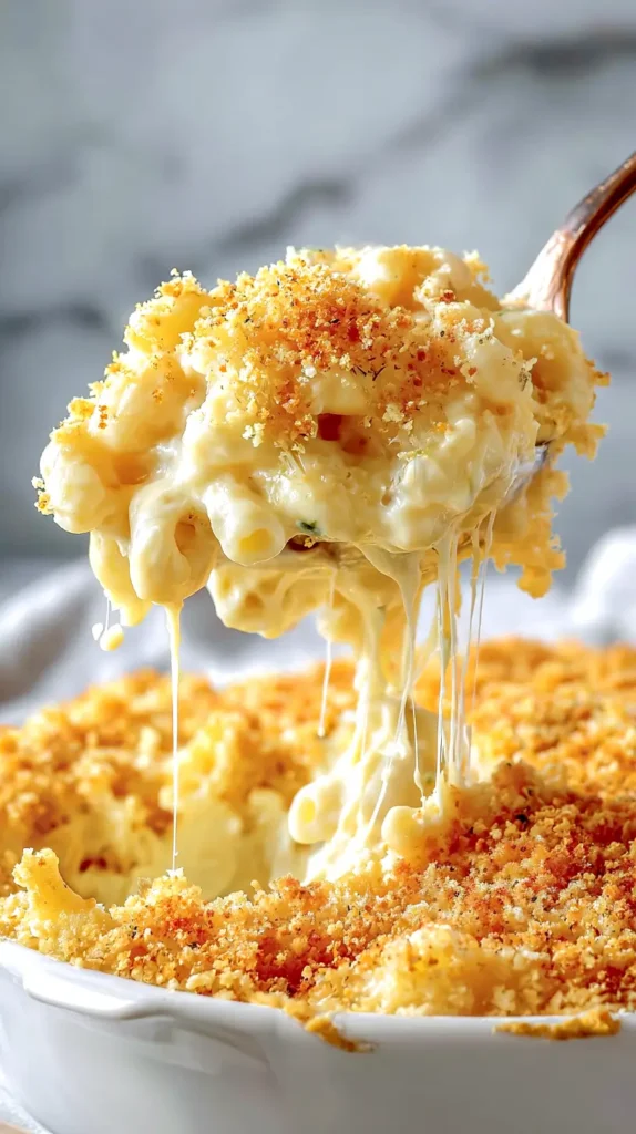 homemade mac and cheese recipe, serving scooped with a spoon