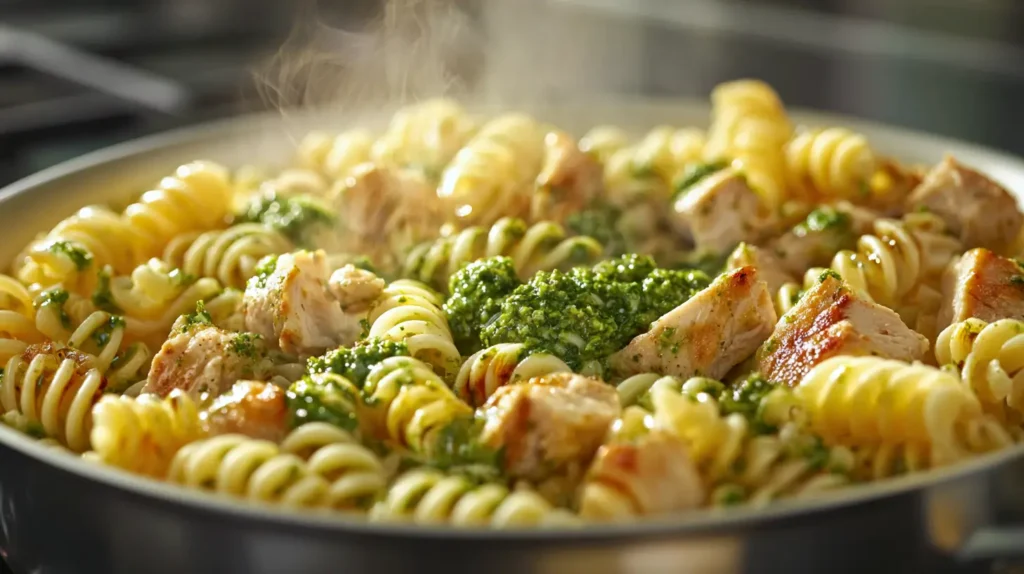 cooking ingredients in the pan, chicken pesto pasta
