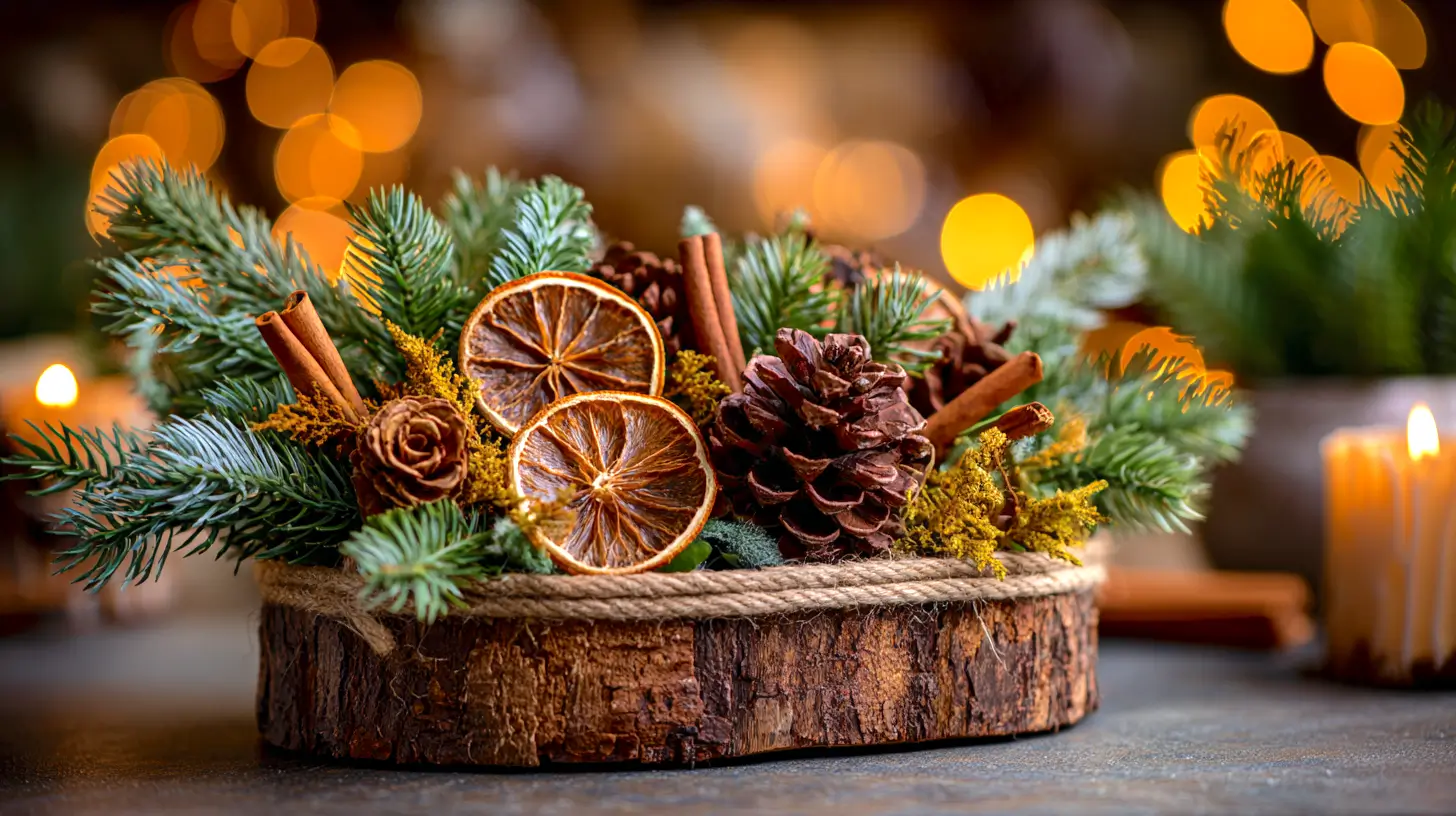 hyper-realistic photo of a sustainable Christmas centerpiece arranged on a rustic wood slice wrapped in natural jute twine, overflowing with fresh evergreen branches, dried orange slices, cinnamon sticks, pinecones, and small foraged accents, warm glowing holiday bokeh in the background, bright cozy lighting, ultra-crisp detail, natural textures, elevated eco-friendly Christmas style