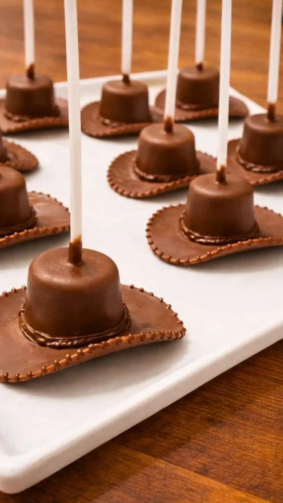 cowboy hat snacks, Pringle chip, marshmallow, on cake pop stick, dipped in milk chocolate