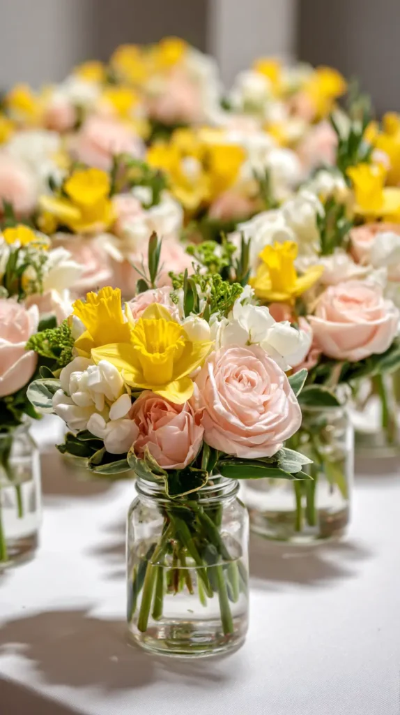 bud vases wedding centerpiece, pink, yellow, and white flowers
