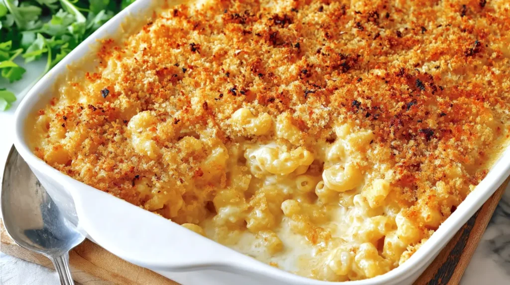 homemade mac and cheese recipe, casserole dish, topped with breadcrumbs