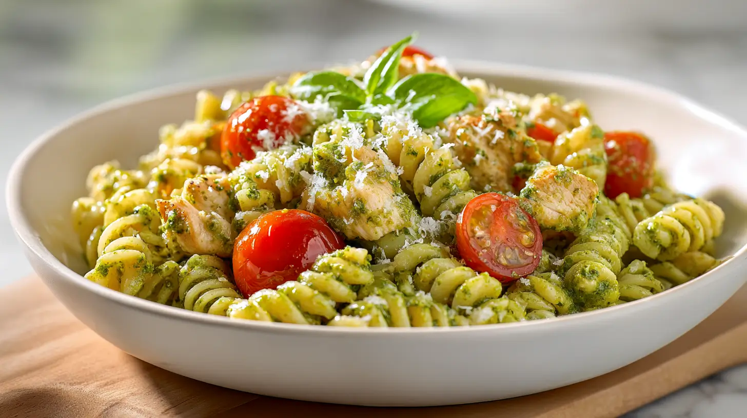 chicken pesto pasta in a shallow white bowl