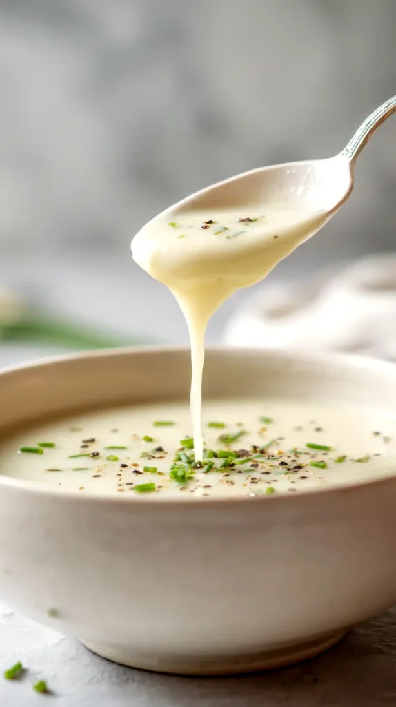 potato leek soup, spoon showing the texture
