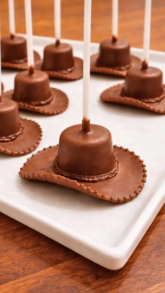 cowboy hat snacks, Pringle chip, marshmallow, on cake pop stick, dipped in milk chocolate