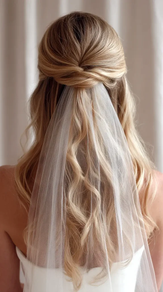 veil tucked under hair twist in the back of the head of bride