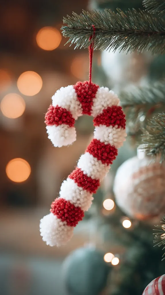 pom pom candy cane ornament, red and white