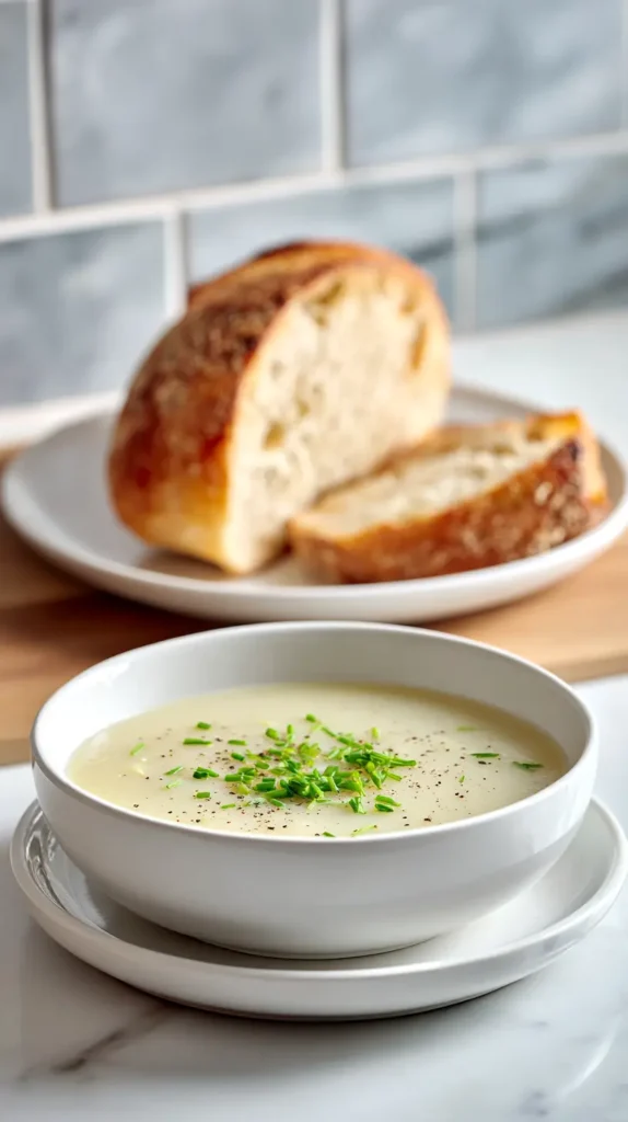 potato leek soup with loaf of bread