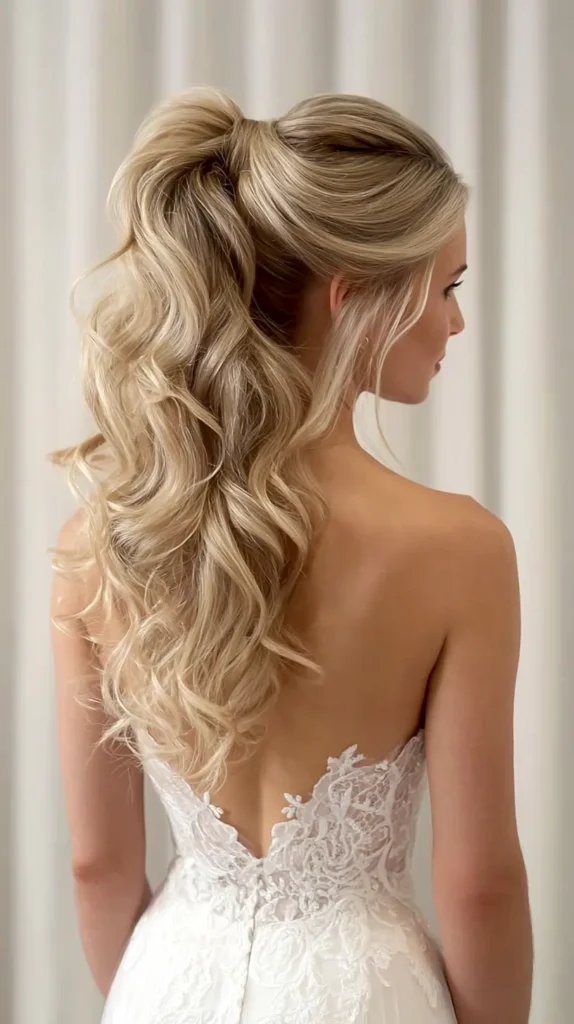 wedding hairstyles high curled pony tail
