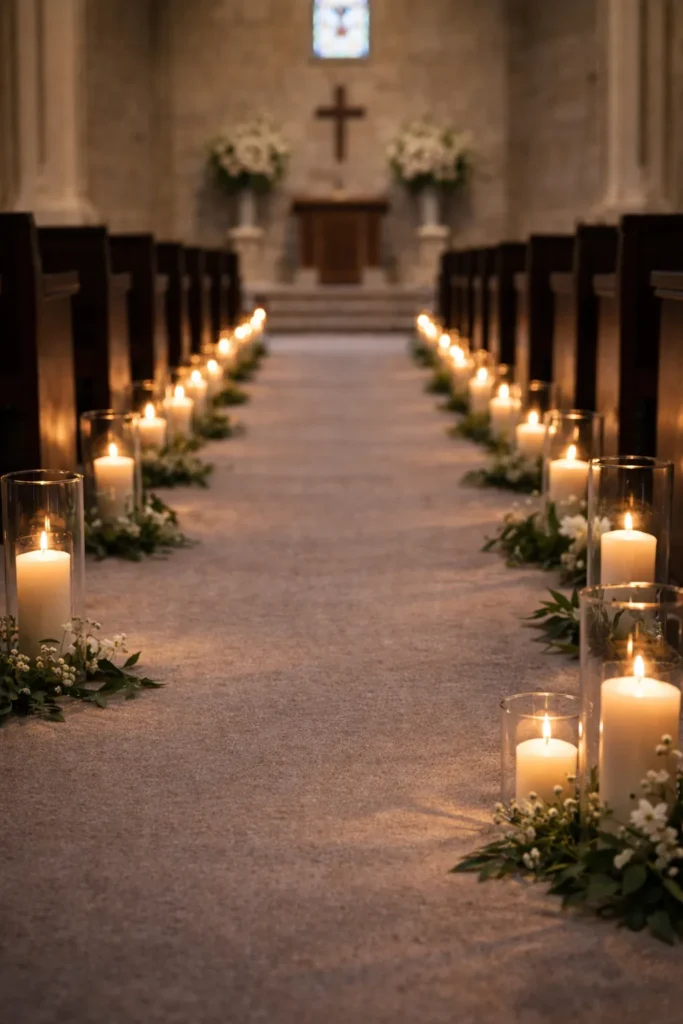 aisle in the church with pews, cross, greenery, candles