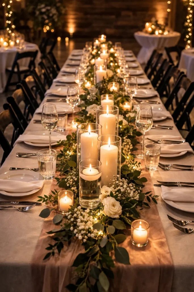 centerpiece down a long white dinner table with candlelight and greenery