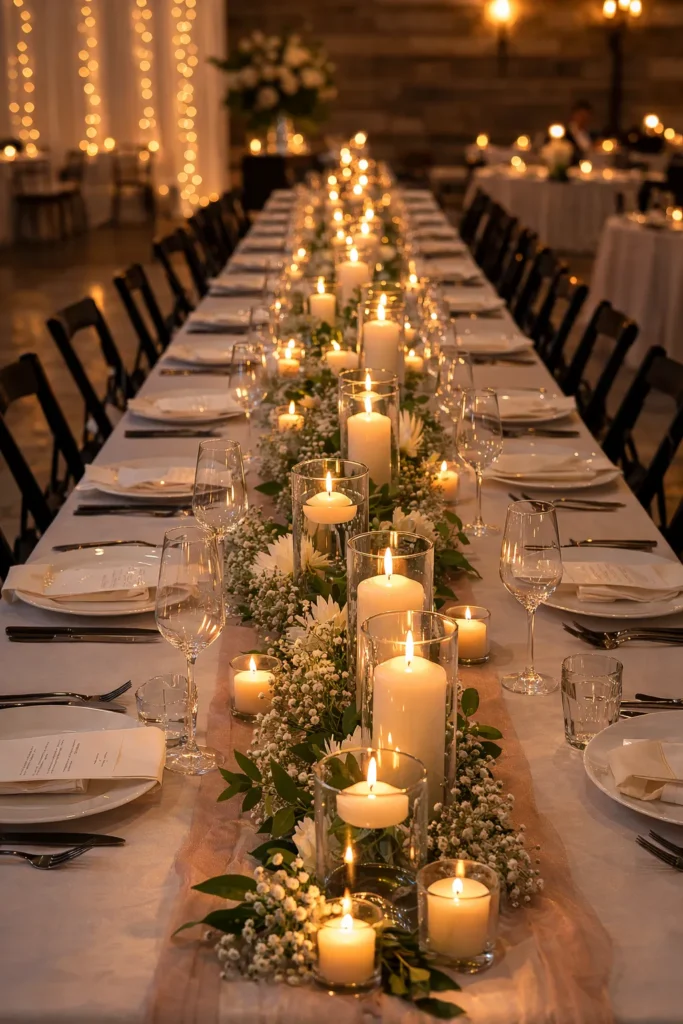 reception table with candle and greenery long centerpiece