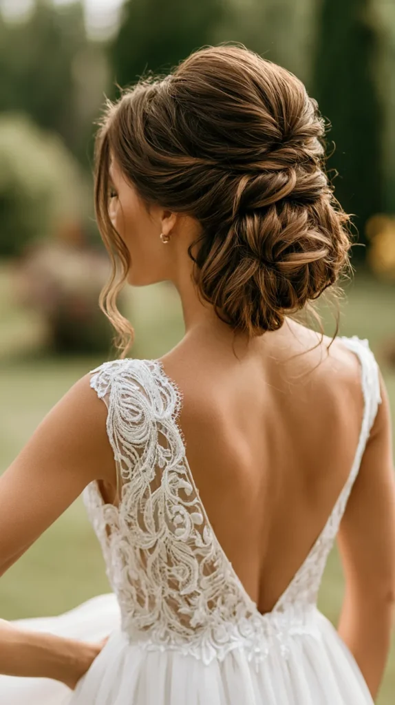 real photo of a bride in a wedding dress in the garden, semi-close-up of her back, of her neat wedding hairstyle, no text
