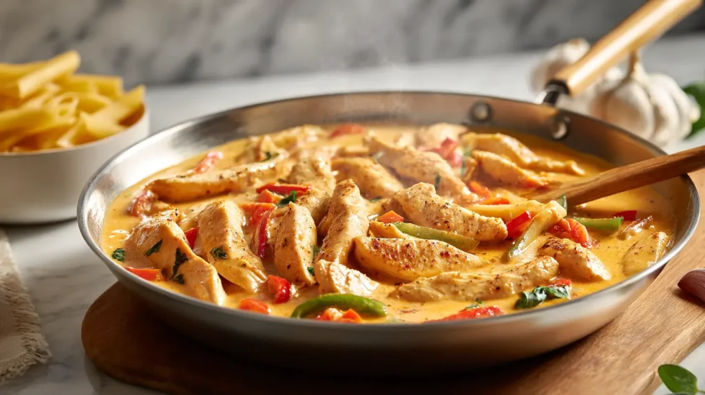 hot skillet with food inside, on wooden block