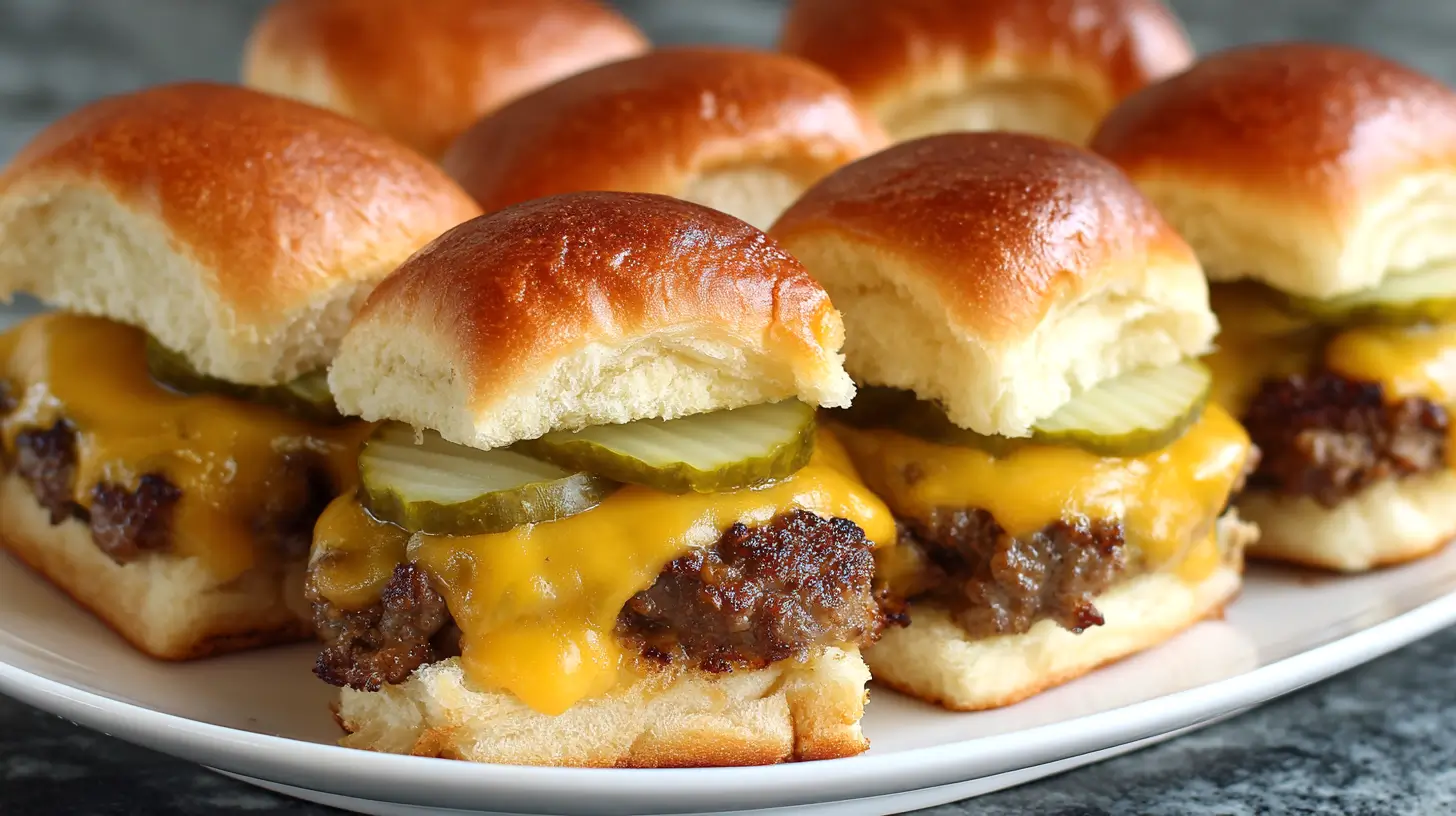 cheeseburger sliders on a white platter