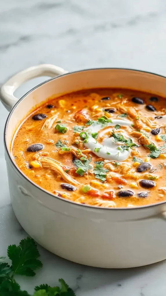 chicken enchilada soup in a white pot