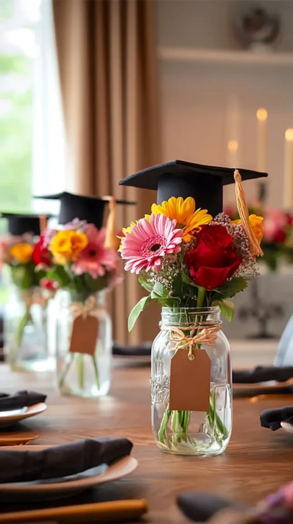 graduation caps in small floral arrangements on the table