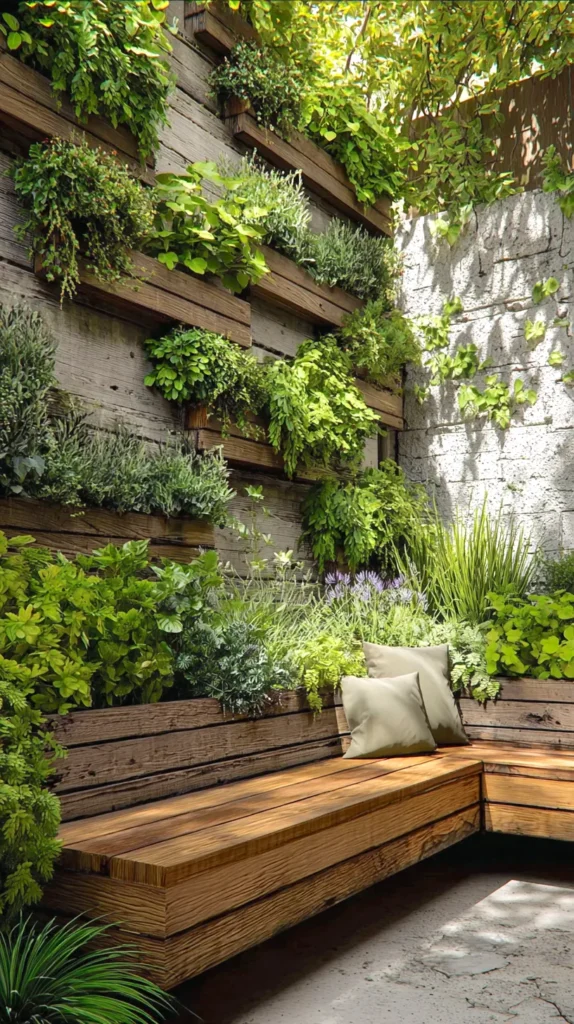 corner bench outside with greenery surrounding it vertically 