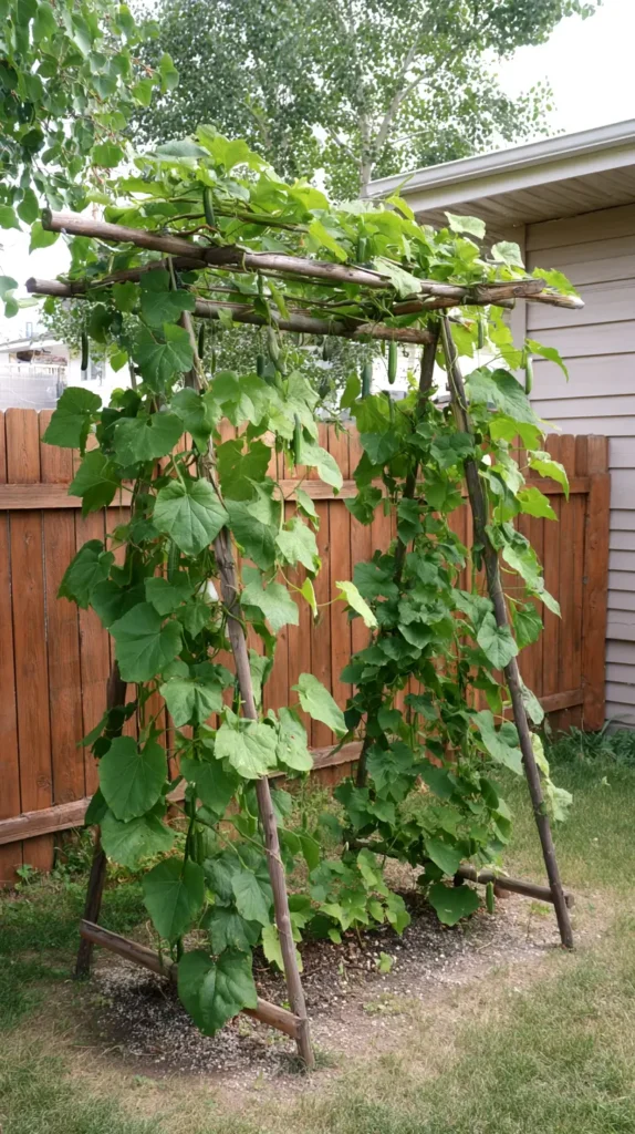 simple cucumber trellis in a backyard
