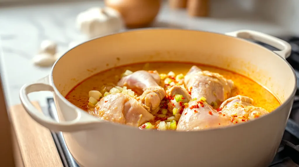 chicken thighs in a pot of broth