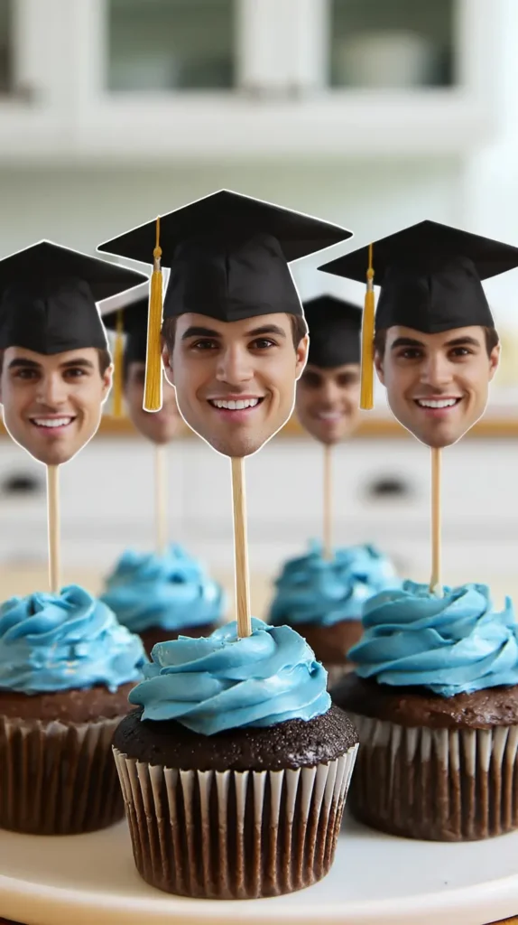 graduation party ideas, cupcake toppers with the graduates face on a thin stick