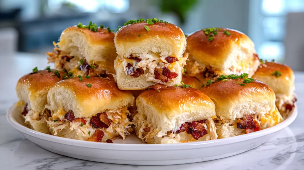 chicken bacon ranch sliders, stacked on a circular platter