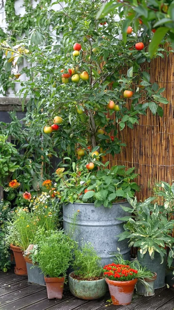 plants and apples going from clean trash cans and planters nearby