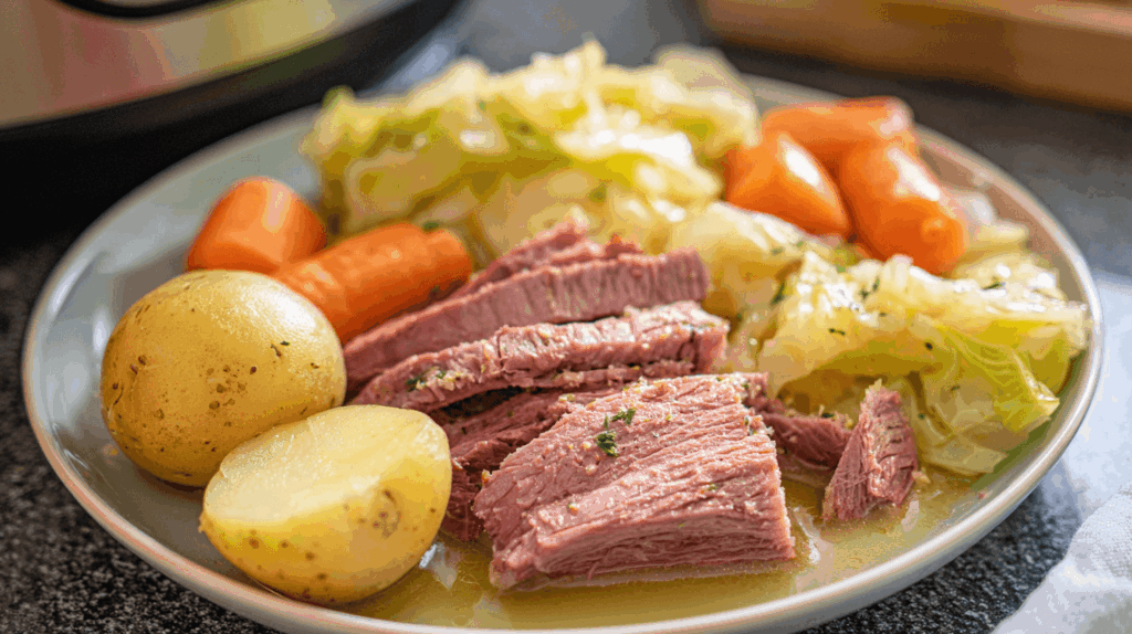corned beef and cabbage, plated