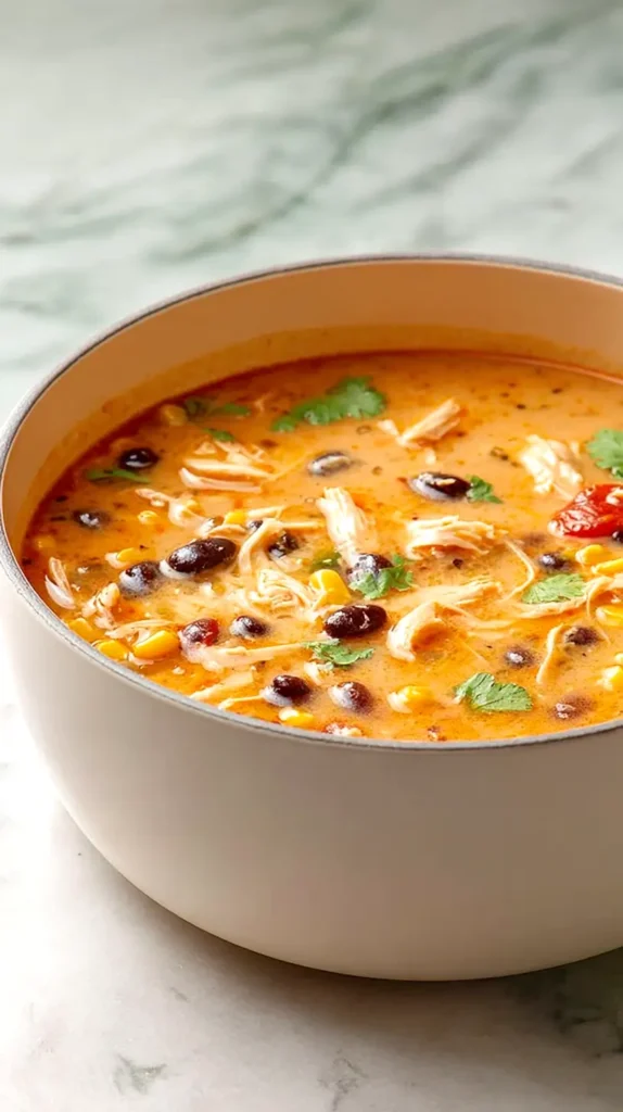 chicken enchilada soup topped with parsley