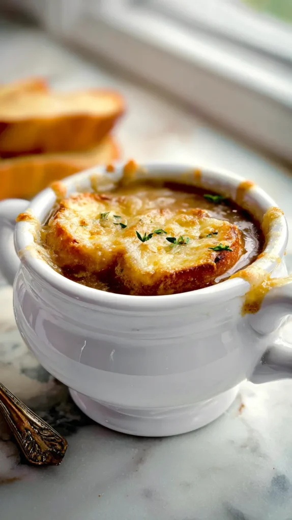 french onion soup, tall white bowl