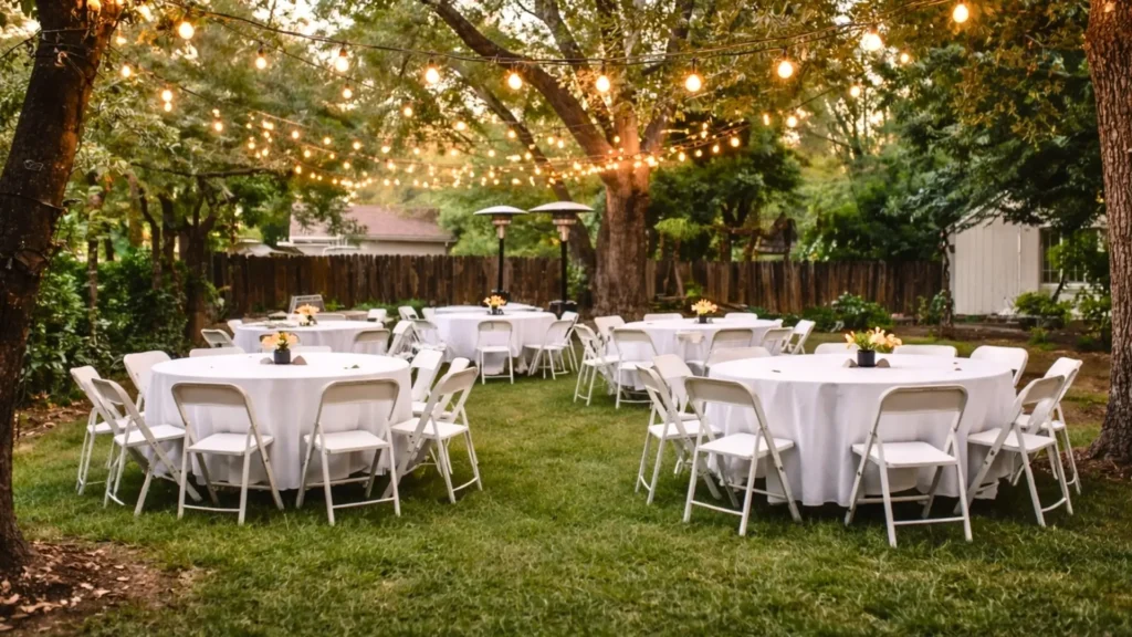 table and chairs in a backyard with string lights